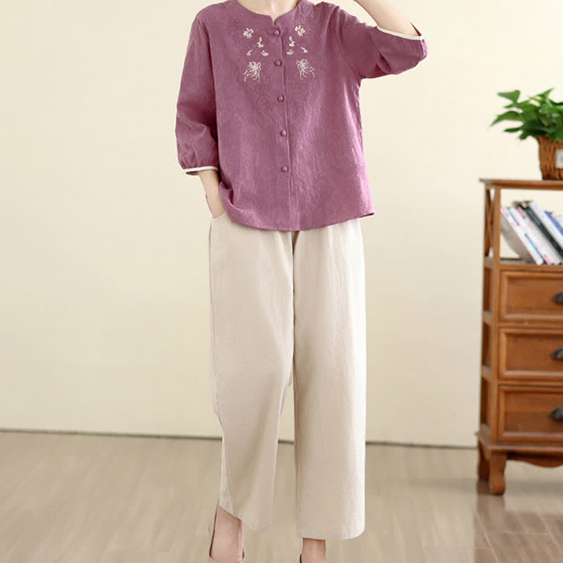 Buddha Stones Camicie estive da donna a maniche a tre quarti con ricami floreali in stile Tang vintage. - image 4