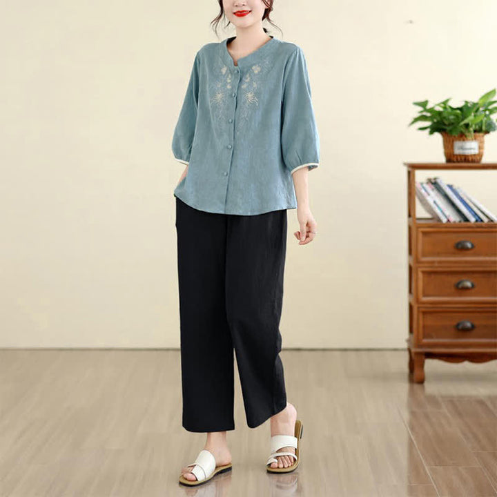 Buddha Stones Camicie estive da donna a maniche a tre quarti con ricami floreali in stile Tang vintage. - image 23