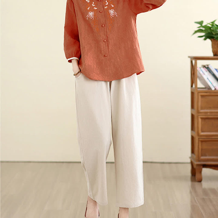 Buddha Stones Camicie estive da donna a maniche a tre quarti con ricami floreali in stile Tang vintage. - image 17