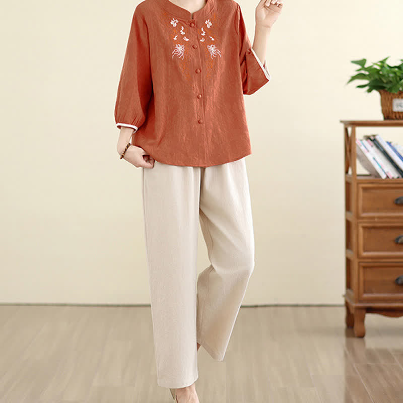 Buddha Stones Camicie estive da donna a maniche a tre quarti con ricami floreali in stile Tang vintage. - image 14