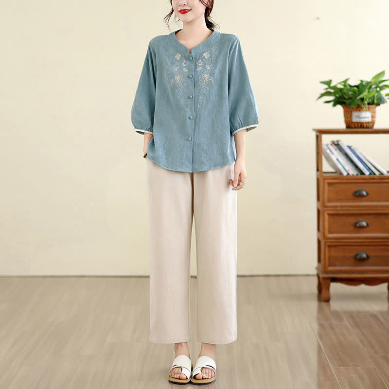 Buddha Stones Camicie estive da donna a maniche a tre quarti con ricami floreali in stile Tang vintage. - image 22
