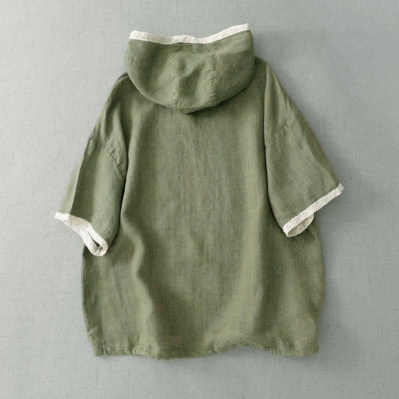 Buddha Stones Camicia da donna estiva casual boho a maniche corte con cappuccio, bottoni e bordo in pizzo, colore verde tinta unita. - image 1