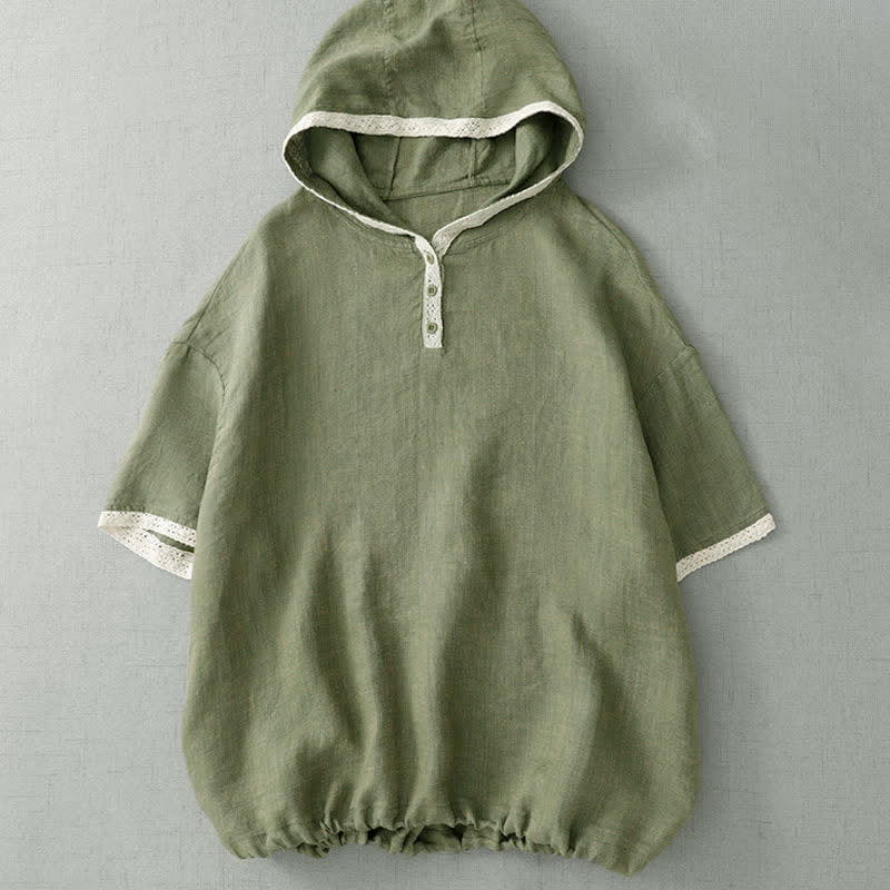Buddha Stones Camicia da donna estiva casual boho a maniche corte con cappuccio, bottoni e bordo in pizzo, colore verde tinta unita. - Verde Mare Scuro - US8-10, UK/AU12-14, EU40-42 (2XL) - image 0