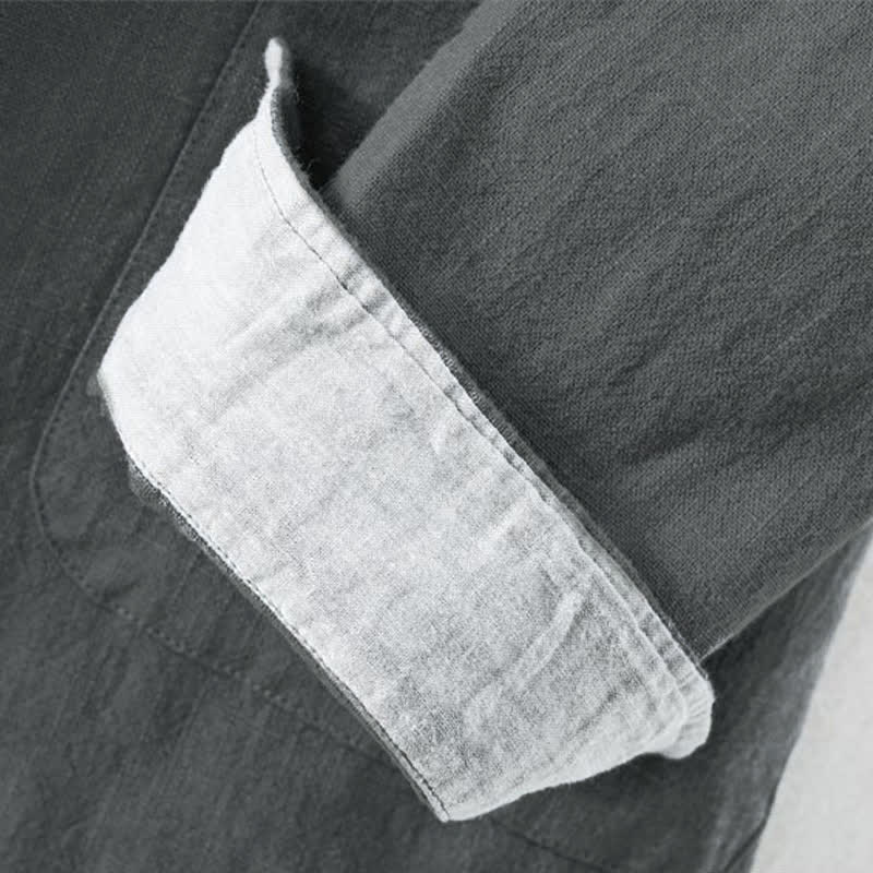 Buddha Stones Camicia da uomo a maniche lunghe, tinta unita, stile Tang, con colletto alla coreana, tinta unita, ideale per primavera/estate e casual, con taschino. - image 11