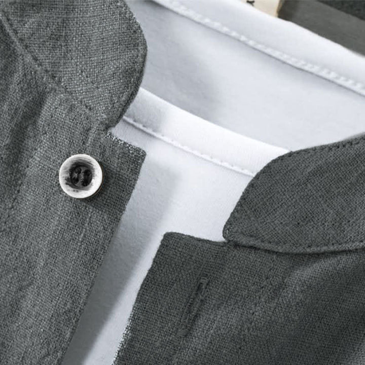 Buddha Stones Camicia da uomo a maniche lunghe, tinta unita, stile Tang, con colletto alla coreana, tinta unita, ideale per primavera/estate e casual, con taschino. - image 6