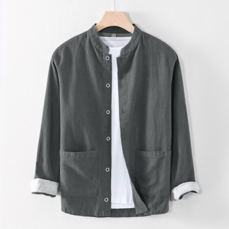Buddha Stones Camicia da uomo a maniche lunghe, tinta unita, stile Tang, con colletto alla coreana, tinta unita, ideale per primavera/estate e casual, con taschino. - Grigio tenue - US/UK/AU44, EU54 (4XL) - image 3