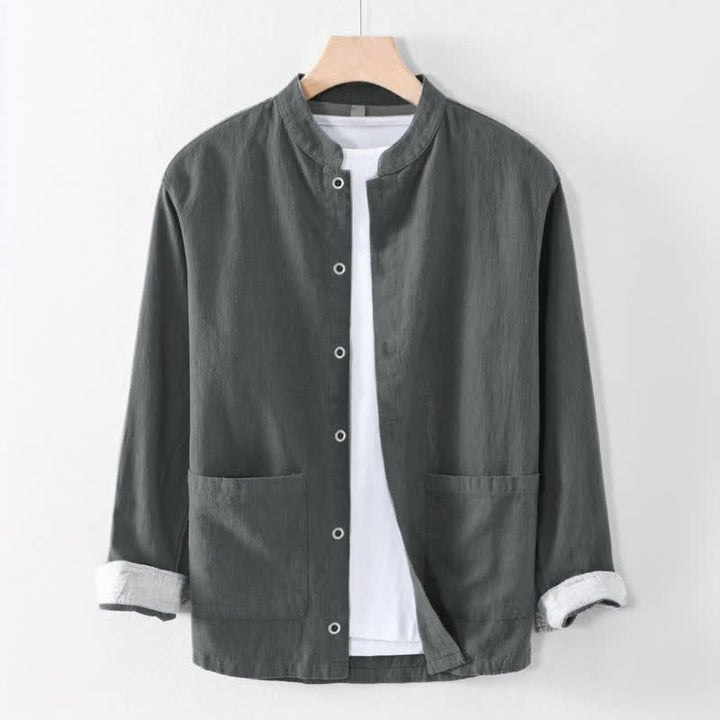 Buddha Stones Camicia da uomo a maniche lunghe, tinta unita, stile Tang, con colletto alla coreana, tinta unita, ideale per primavera/estate e casual, con taschino. - Grigio tenue - US/UK/AU44, EU54 (4XL) - image 3