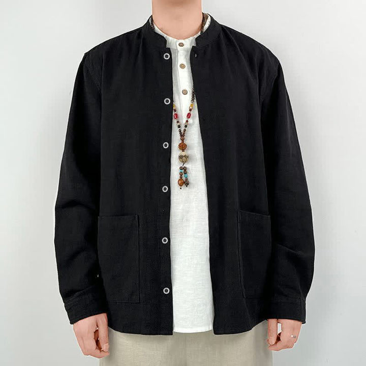 Buddha Stones Camicia da uomo a maniche lunghe, tinta unita, stile Tang, con colletto alla coreana, tinta unita, ideale per primavera/estate e casual, con taschino. - Nero - US/UK/AU44, EU54 (4XL) - image 12