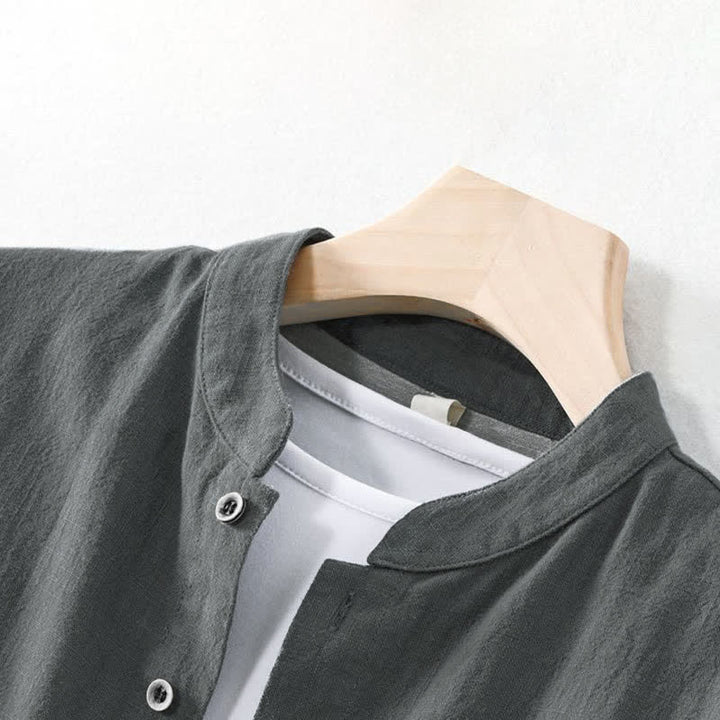 Buddha Stones Camicia da uomo a maniche lunghe, tinta unita, stile Tang, con colletto alla coreana, tinta unita, ideale per primavera/estate e casual, con taschino. - image 5
