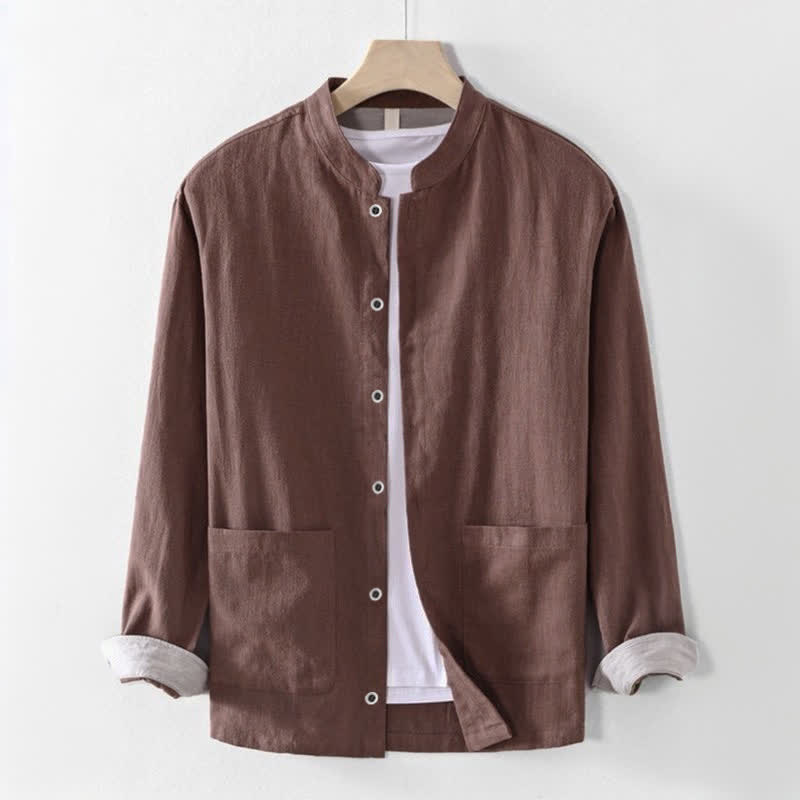 Buddha Stones Camicia da uomo a maniche lunghe, tinta unita, stile Tang, con colletto alla coreana, tinta unita, ideale per primavera/estate e casual, con taschino. - Siena - US/UK/AU44, EU54 (4XL) - image 0