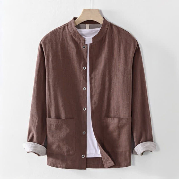 Buddha Stones Camicia da uomo a maniche lunghe, tinta unita, stile Tang, con colletto alla coreana, tinta unita, ideale per primavera/estate e casual, con taschino. - Siena - US/UK/AU44, EU54 (4XL) - image 0