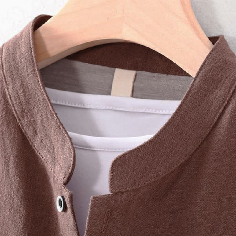 Buddha Stones Camicia da uomo a maniche lunghe, tinta unita, stile Tang, con colletto alla coreana, tinta unita, ideale per primavera/estate e casual, con taschino. - image 1