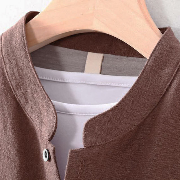 Buddha Stones Camicia da uomo a maniche lunghe, tinta unita, stile Tang, con colletto alla coreana, tinta unita, ideale per primavera/estate e casual, con taschino. - image 1