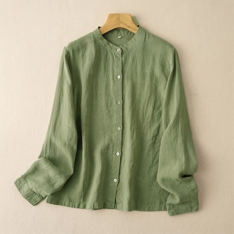 Buddha Stones Camicie da donna a maniche lunghe, stile Tang, tinta unita, per l'autunno, casual, con colletto alla coreana. - Verde Mare Scuro - US12, UK/AU16, EU44 (3XL) - image 0