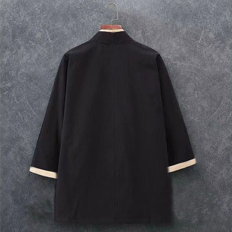 Buddha Stones Kimono da uomo primaverile/estivo, minimalista, casual, con nodo e bottoni, in tinta unita, maniche a tre quarti, in cotone. - image 3