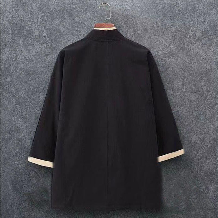 Buddha Stones Kimono da uomo primaverile/estivo, minimalista, casual, con nodo e bottoni, in tinta unita, maniche a tre quarti, in cotone. - image 3