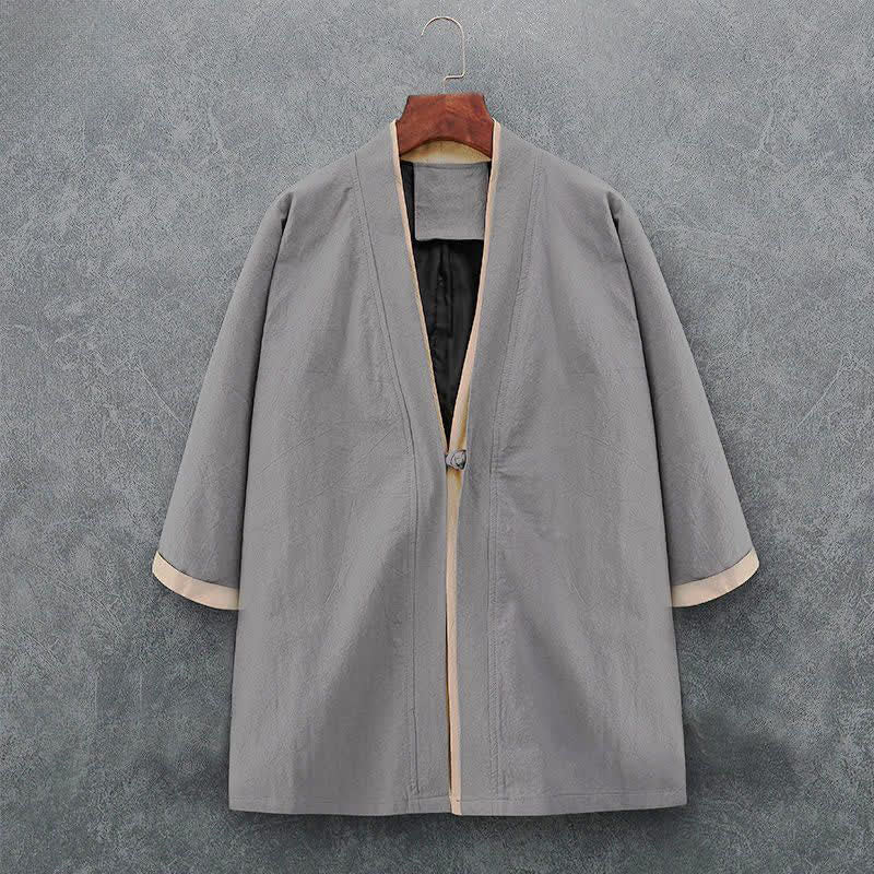 Buddha Stones Kimono da uomo primaverile/estivo, minimalista, casual, con nodo e bottoni, in tinta unita, maniche a tre quarti, in cotone. - Grigio chiaro - US/UK/AU46, EU56 (5XL) - image 8