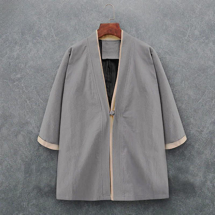 Buddha Stones Kimono da uomo primaverile/estivo, minimalista, casual, con nodo e bottoni, in tinta unita, maniche a tre quarti, in cotone. - Grigio chiaro - US/UK/AU46, EU56 (5XL) - image 8