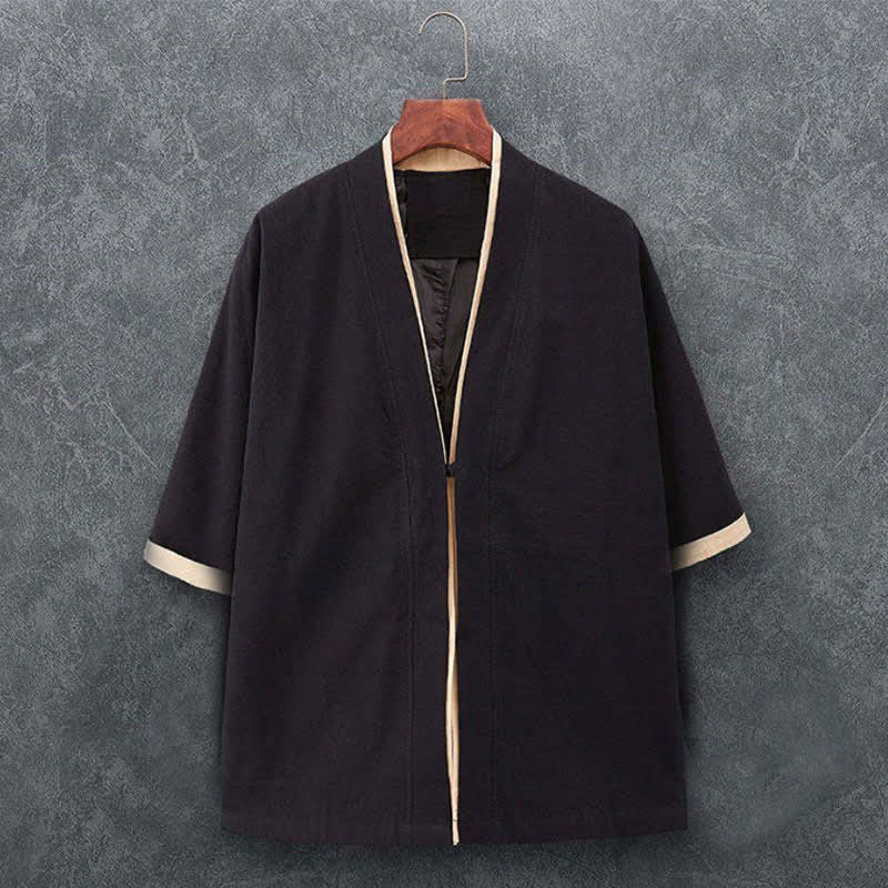 Buddha Stones Kimono da uomo primaverile/estivo, minimalista, casual, con nodo e bottoni, in tinta unita, maniche a tre quarti, in cotone. - Nero - US/UK/AU46, EU56 (5XL) - image 2