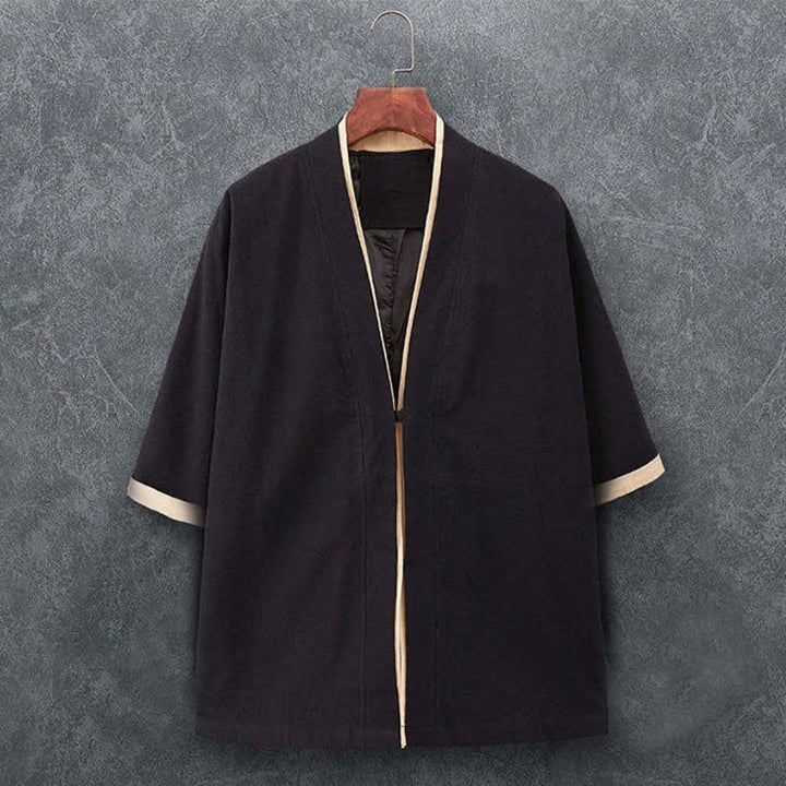 Buddha Stones Kimono da uomo primaverile/estivo, minimalista, casual, con nodo e bottoni, in tinta unita, maniche a tre quarti, in cotone. - Nero - US/UK/AU46, EU56 (5XL) - image 2
