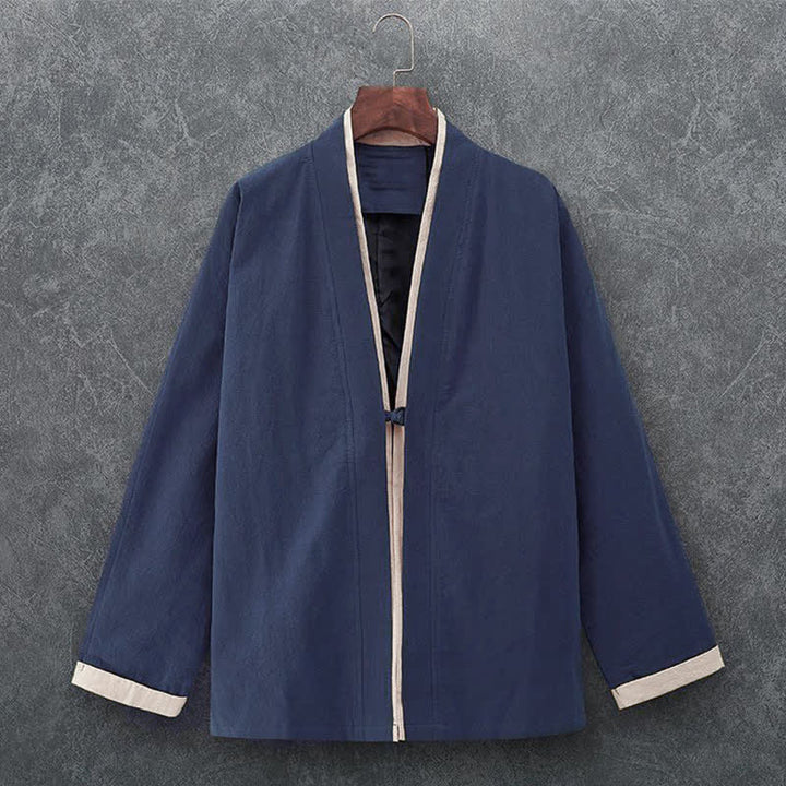Buddha Stones Kimono da uomo primaverile/estivo, minimalista, casual, con nodo e bottoni, in tinta unita, maniche a tre quarti, in cotone. - Marina - US/UK/AU46, EU56 (5XL) - image 0