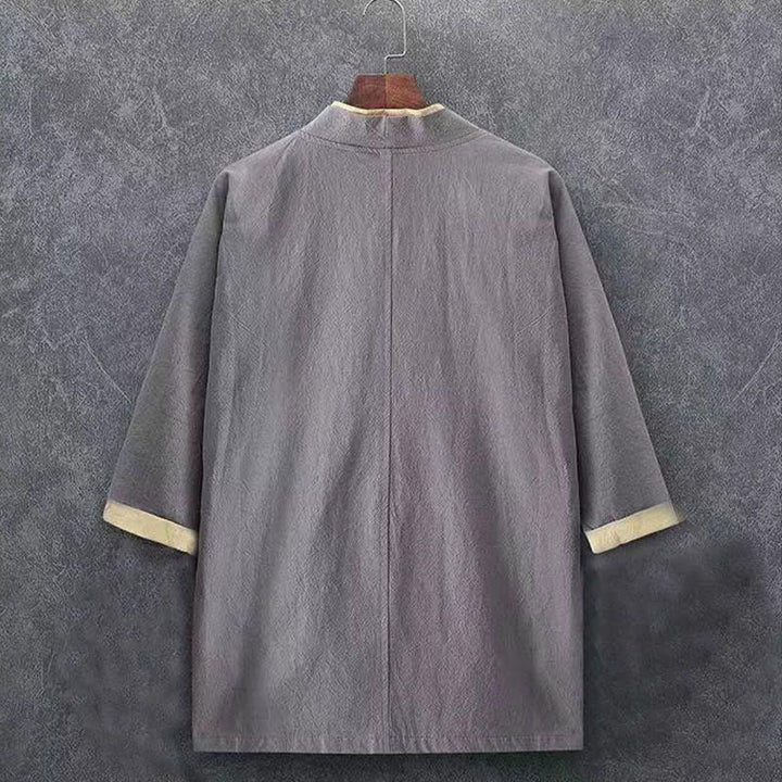 Buddha Stones Kimono da uomo primaverile/estivo, minimalista, casual, con nodo e bottoni, in tinta unita, maniche a tre quarti, in cotone. - image 9