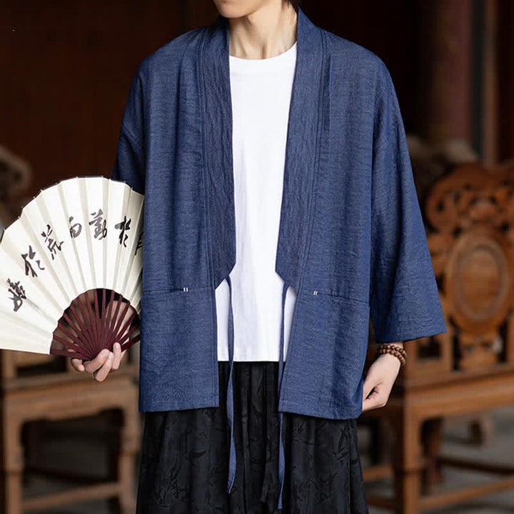 Buddha Stones Kimono da uomo primaverile/estivo, casual, minimalista, con coulisse, maniche a tre quarti e tasca. - image 5
