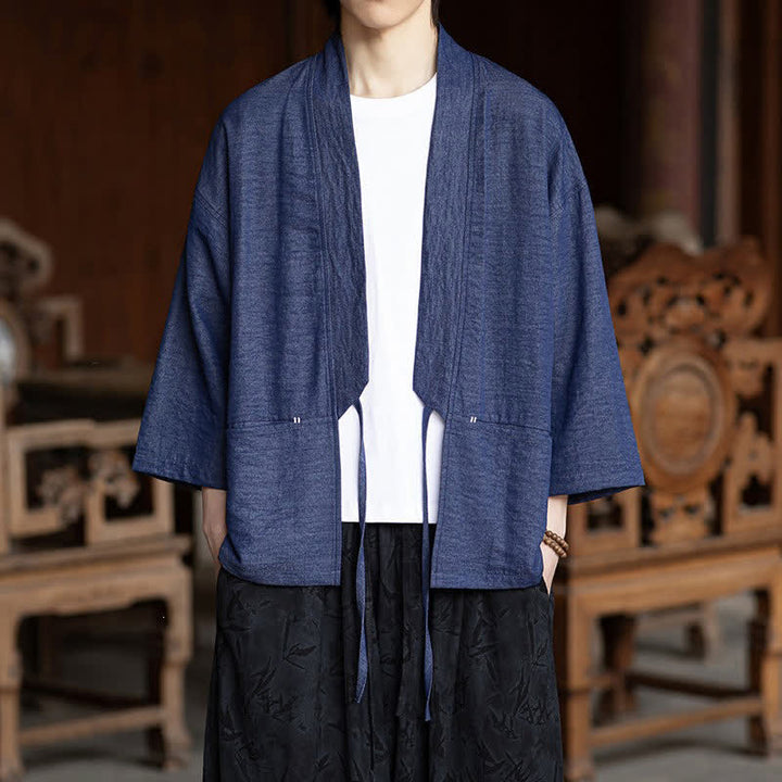 Buddha Stones Kimono da uomo primaverile/estivo, casual, minimalista, con coulisse, maniche a tre quarti e tasca. - Blu ardesia scuro - US/UK/AU46, EU56 (5XL) - image 0