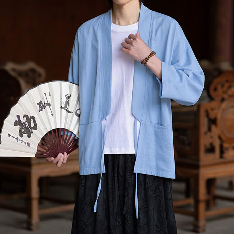 Buddha Stones Kimono da uomo primaverile/estivo, casual, minimalista, con coulisse, maniche a tre quarti e tasca. - image 10