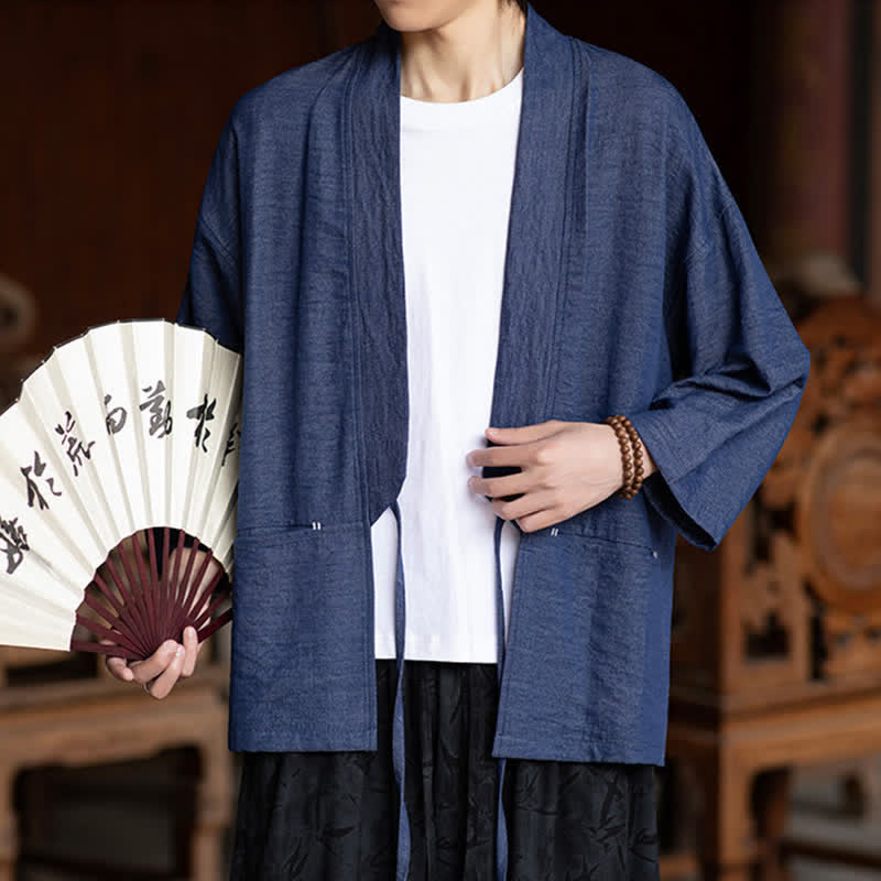 Buddha Stones Kimono da uomo primaverile/estivo, casual, minimalista, con coulisse, maniche a tre quarti e tasca. - image 1