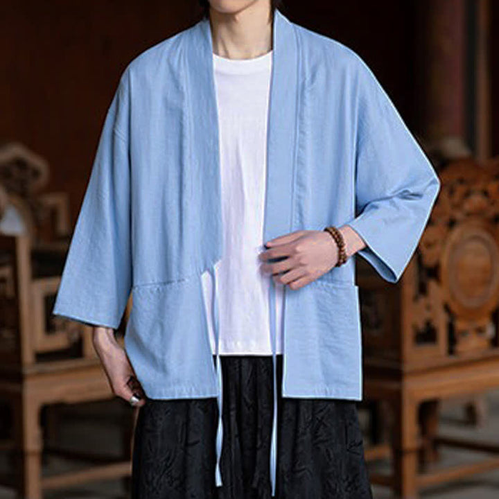 Buddha Stones Kimono da uomo primaverile/estivo, casual, minimalista, con coulisse, maniche a tre quarti e tasca. - image 17