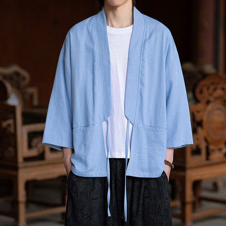 Buddha Stones Kimono da uomo primaverile/estivo, casual, minimalista, con coulisse, maniche a tre quarti e tasca. - image 11