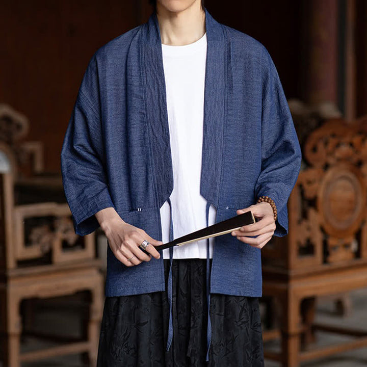 Buddha Stones Kimono da uomo primaverile/estivo, casual, minimalista, con coulisse, maniche a tre quarti e tasca. - image 6