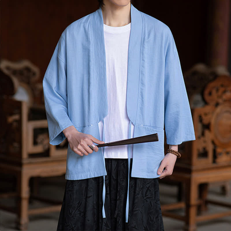 Buddha Stones Kimono da uomo primaverile/estivo, casual, minimalista, con coulisse, maniche a tre quarti e tasca. - image 15