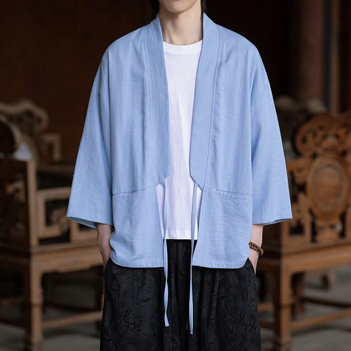 Buddha Stones Kimono da uomo primaverile/estivo, casual, minimalista, con coulisse, maniche a tre quarti e tasca. - Azzurro chiaro - US/UK/AU46, EU56 (5XL) - image 9