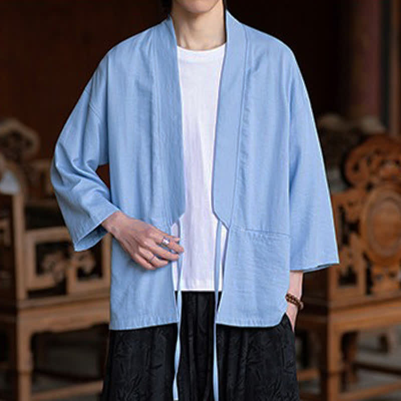 Buddha Stones Kimono da uomo primaverile/estivo, casual, minimalista, con coulisse, maniche a tre quarti e tasca. - image 16