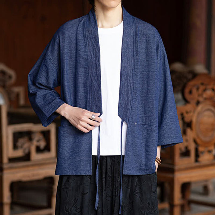 Buddha Stones Kimono da uomo primaverile/estivo, casual, minimalista, con coulisse, maniche a tre quarti e tasca. - image 2