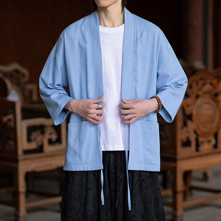 Buddha Stones Kimono da uomo primaverile/estivo, casual, minimalista, con coulisse, maniche a tre quarti e tasca. - image 14