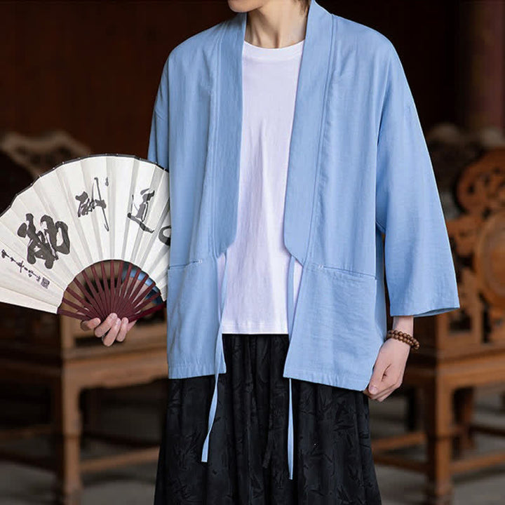 Buddha Stones Kimono da uomo primaverile/estivo, casual, minimalista, con coulisse, maniche a tre quarti e tasca. - image 13