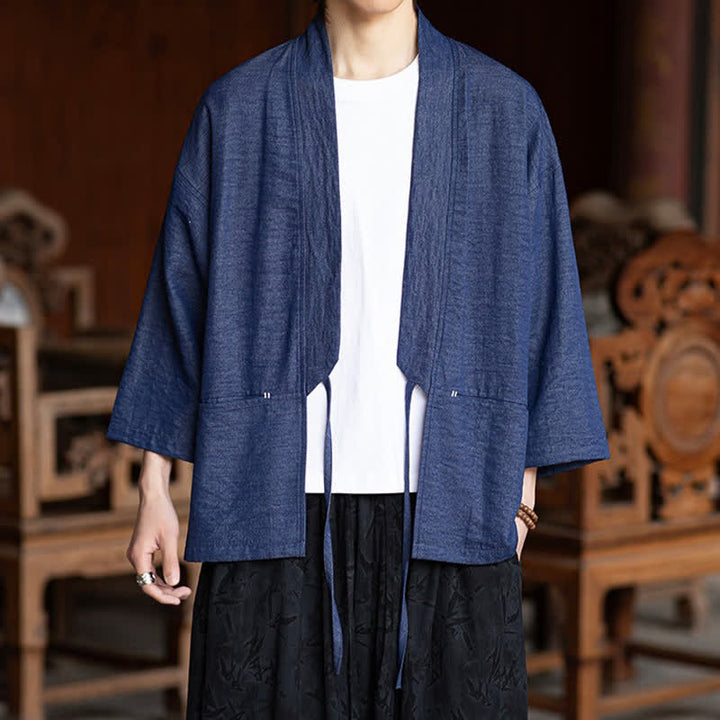 Buddha Stones Kimono da uomo primaverile/estivo, casual, minimalista, con coulisse, maniche a tre quarti e tasca. - image 4