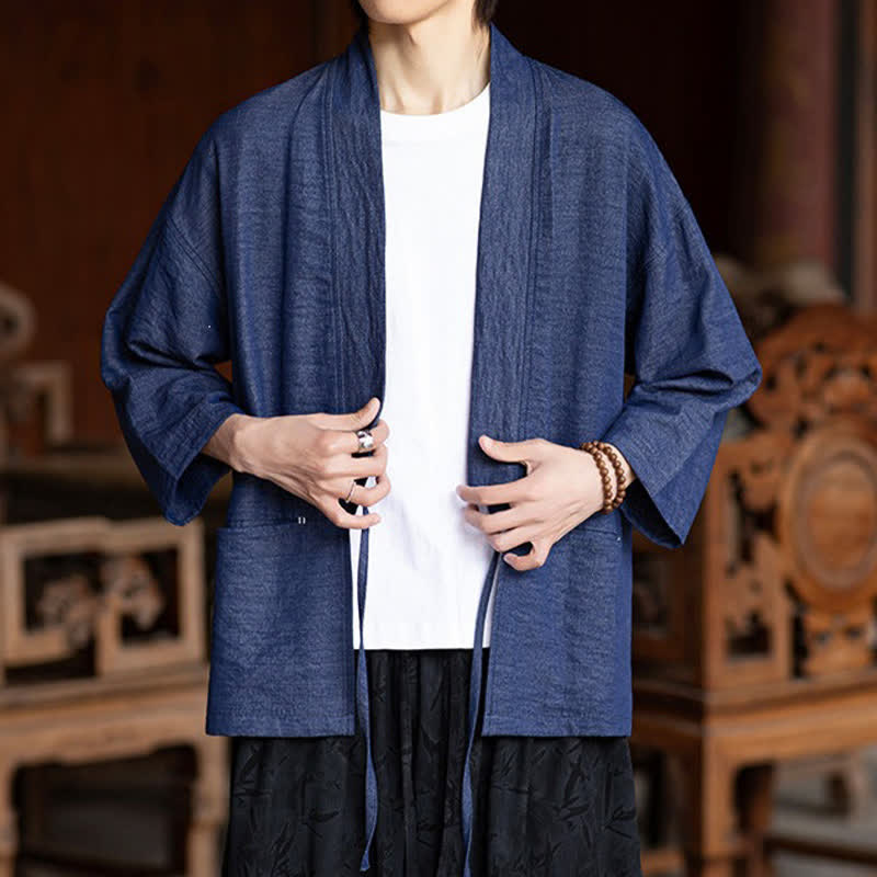 Buddha Stones Kimono da uomo primaverile/estivo, casual, minimalista, con coulisse, maniche a tre quarti e tasca. - image 7