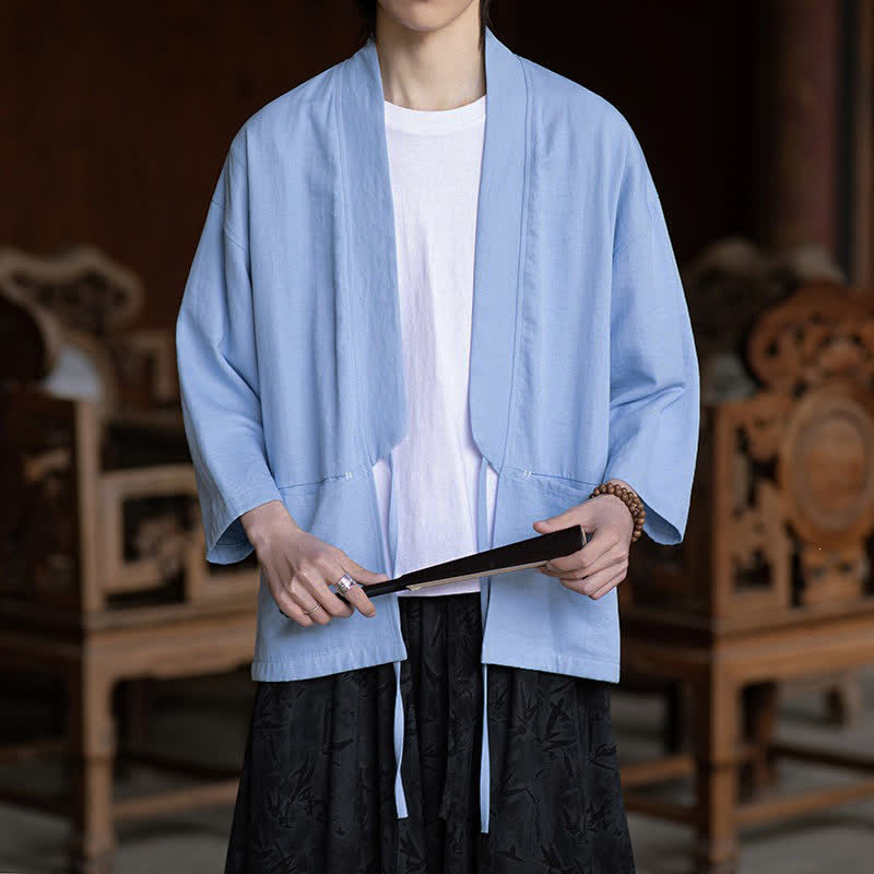 Buddha Stones Kimono da uomo primaverile/estivo, casual, minimalista, con coulisse, maniche a tre quarti e tasca. - image 12