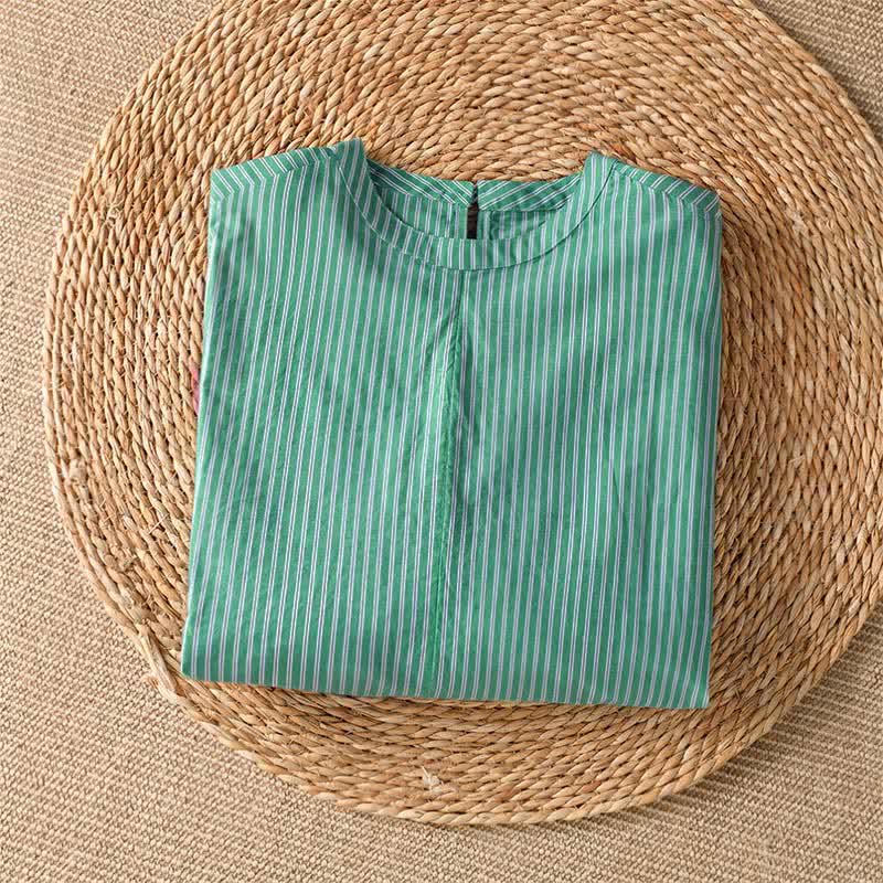 Buddha Stones T-shirt da donna a maniche lunghe con scollo rotondo, a righe verdi, stile casual e minimalista, ideale per la primavera. - image 2