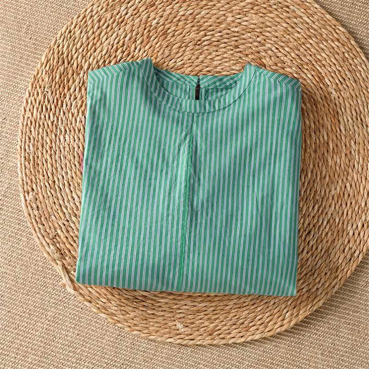 Buddha Stones T-shirt da donna a maniche lunghe con scollo rotondo, a righe verdi, stile casual e minimalista, ideale per la primavera. - image 2