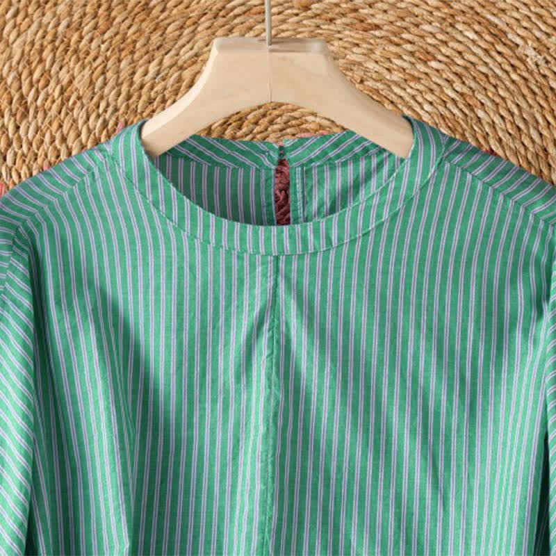 Buddha Stones T-shirt da donna a maniche lunghe con scollo rotondo, a righe verdi, stile casual e minimalista, ideale per la primavera. - image 3
