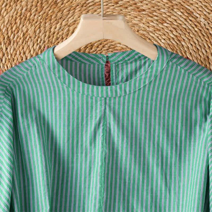 Buddha Stones T-shirt da donna a maniche lunghe con scollo rotondo, a righe verdi, stile casual e minimalista, ideale per la primavera. - image 3