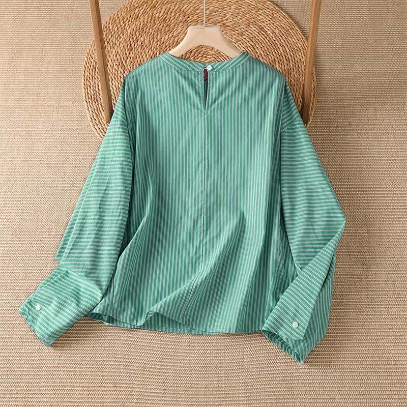 Buddha Stones T-shirt da donna a maniche lunghe con scollo rotondo, a righe verdi, stile casual e minimalista, ideale per la primavera. - image 1