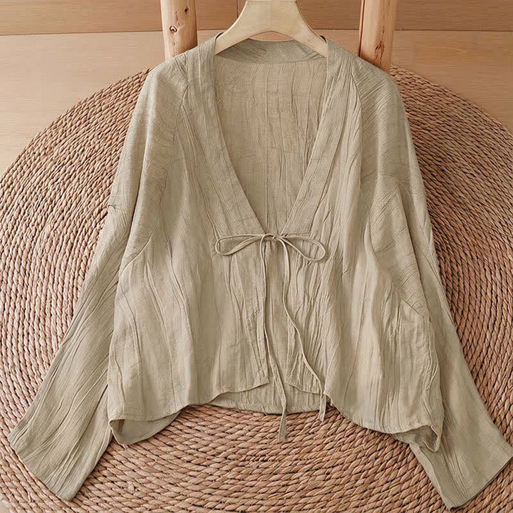 Buddha Stones Kimono estivo casual da donna in stile boho con pieghe e coulisse, tinta unita. - Beige - US14, UK/AU18, EU46 (2XL) - image 0