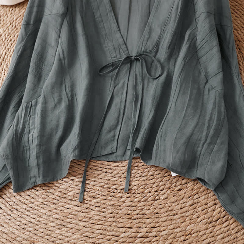 Buddha Stones Kimono estivo casual da donna in stile boho con pieghe e coulisse, tinta unita. - image 35