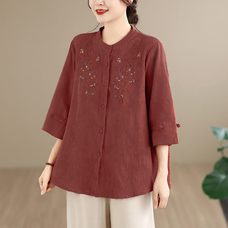 Buddha Stones Camicie da donna a maniche lunghe, stile Tang vintage, con ricami, colletto alla coreana e stampa floreale, per primavera/estate. - Siena - US12, UK/AU16, EU44 (3XL) - image 0